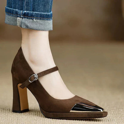 Serena Women's Block Heel Mary Jane Pumps Cap Toe Strap - VibreMode