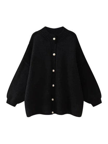 Women's Bat Sleeve Cardigan Wool Lapel Metal Buttons Beige