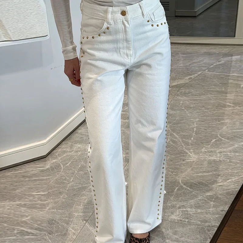 Women's White High Waist Denim Jeans Loose Fit Floral