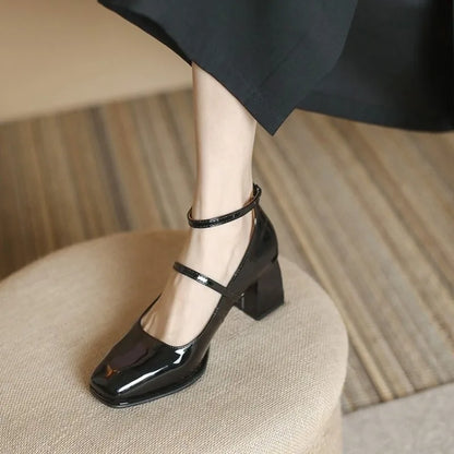 Women's Block Heel Pumps Ankle Strap Square Toe Mary Jane