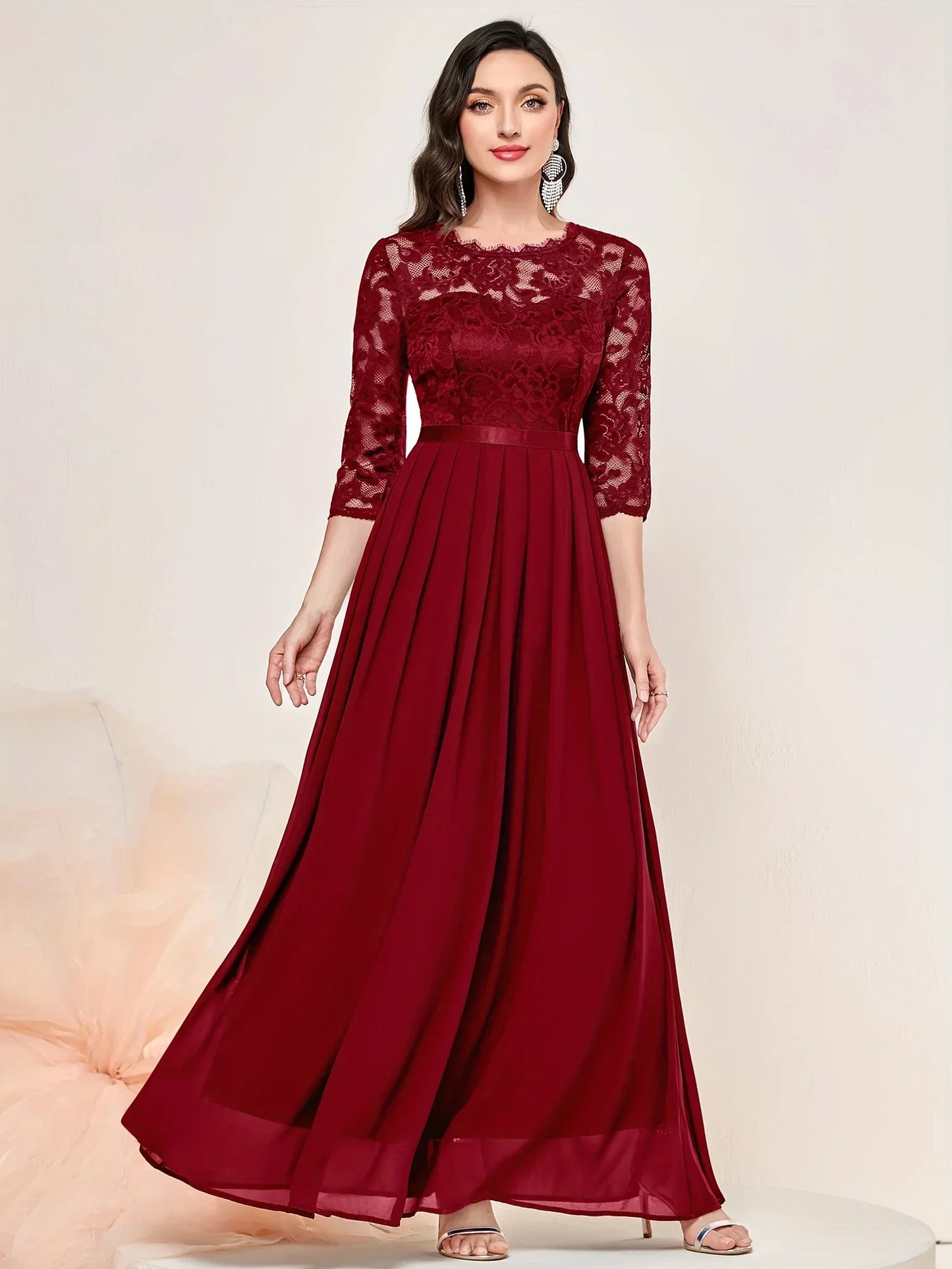 Elegant Lace Ruffled Cap Sleeve Party Gown