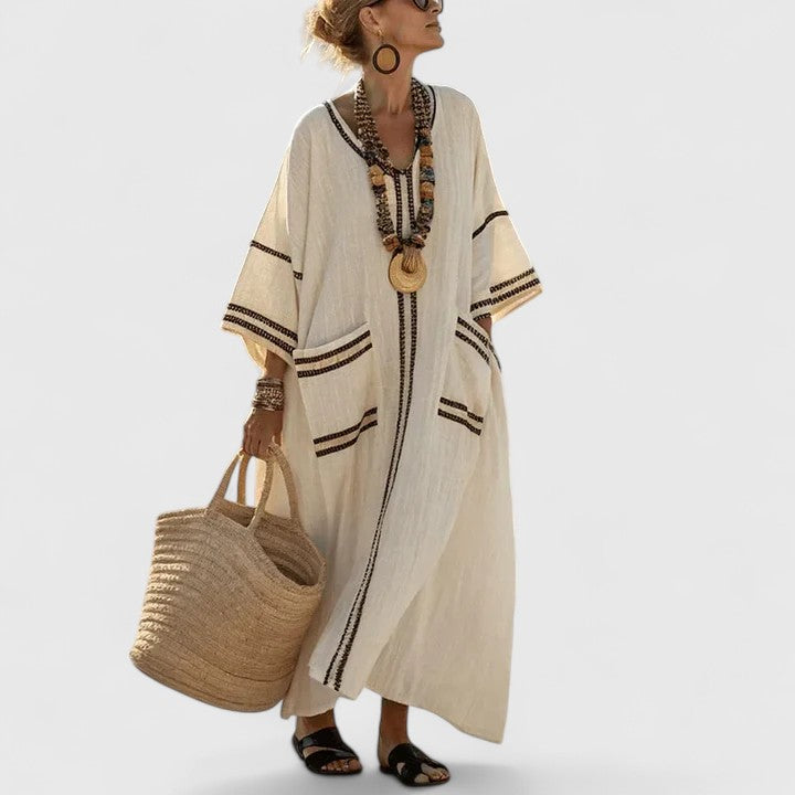 Relaxed Fit Women's Striped Linen V Neck Maxi Dress