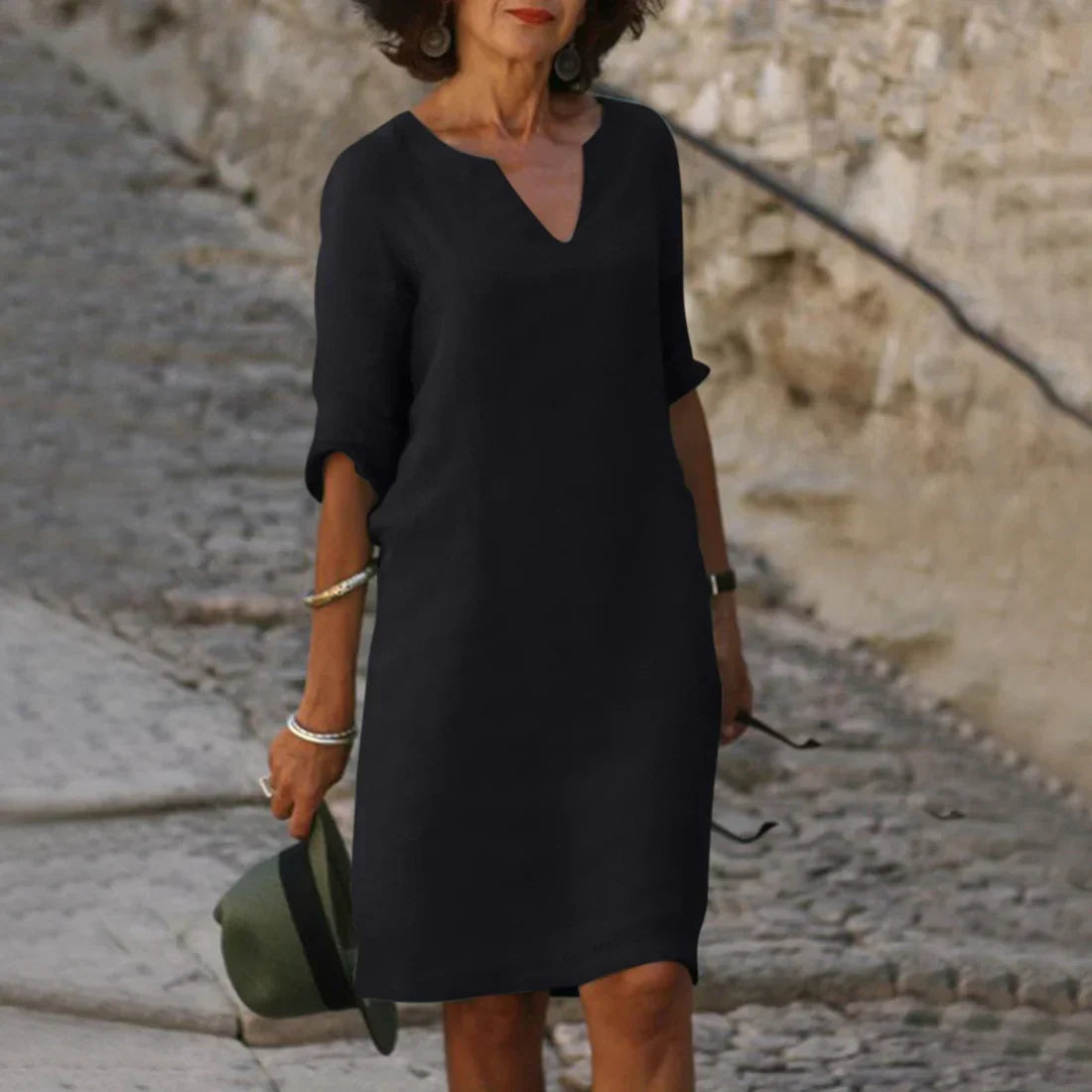 Women's V-Neck Mini Dress 3/4 Sleeves