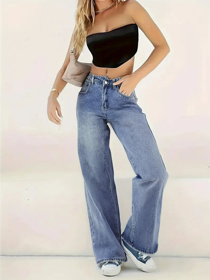 Women's Light Blue Wide Leg Jeans Relaxed Fit Denim - VibreMode