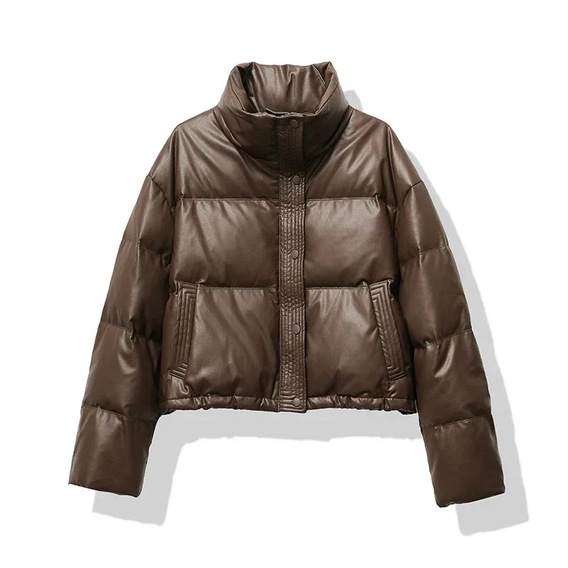 Women's Quilted Puffer Jacket Mock Neck Waterproof Black - VibreMode