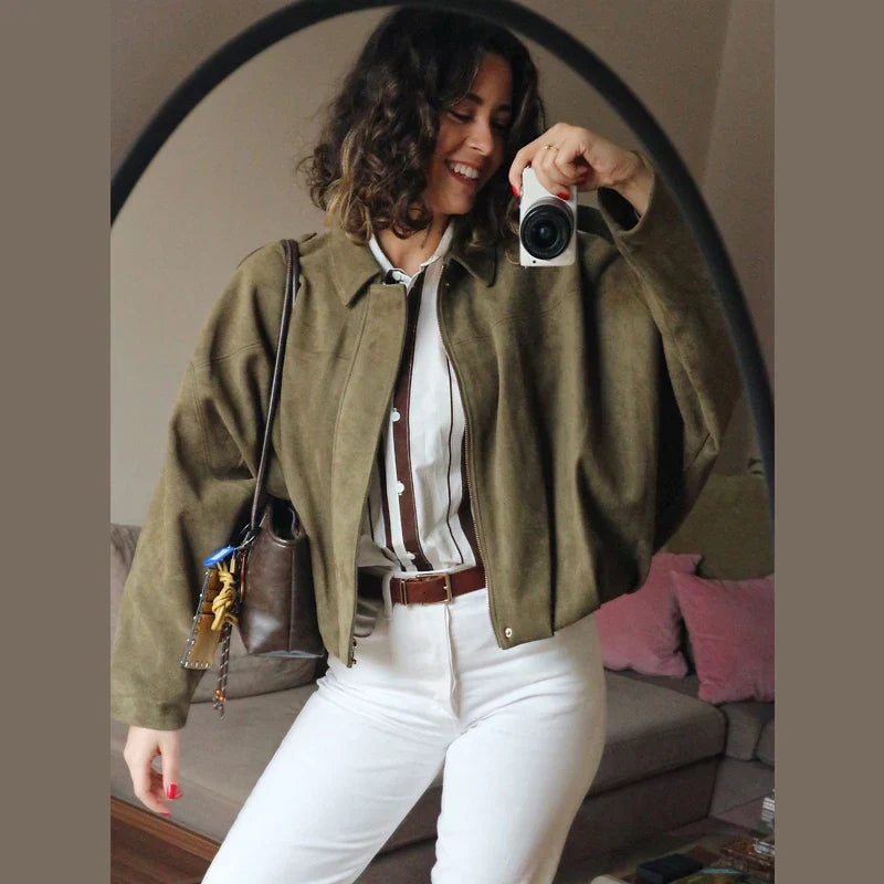 Women's Cropped Bomber Jacket Lapel Collar Zip Front - VibreMode