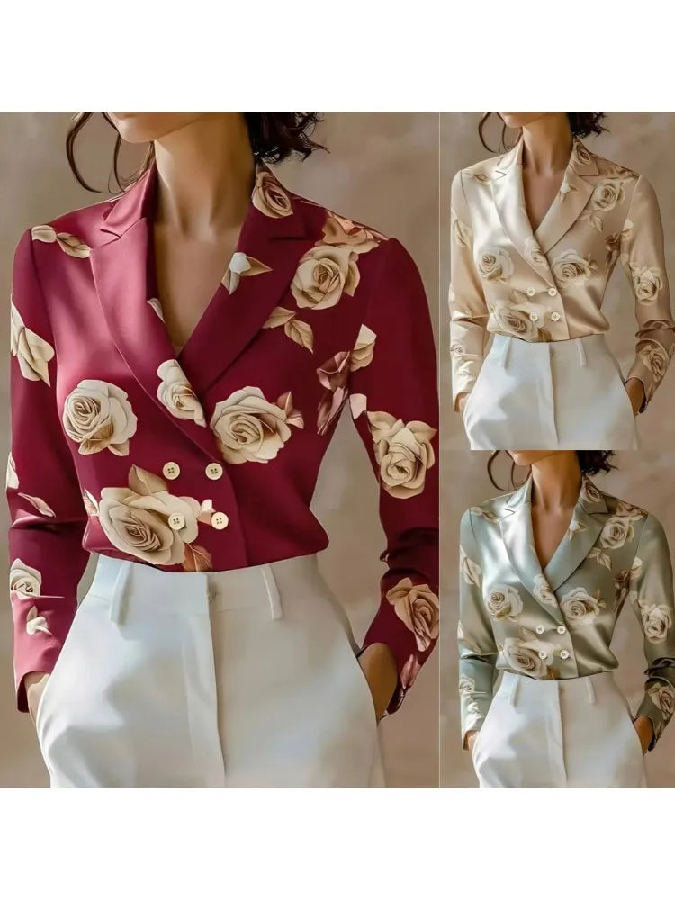 Women's Satin Double-Breasted Blouse Floral Print