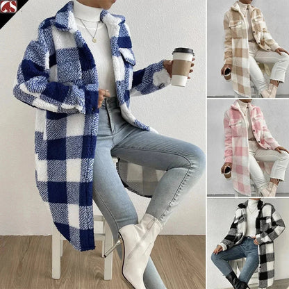 Women's Plush Plaid Overcoat