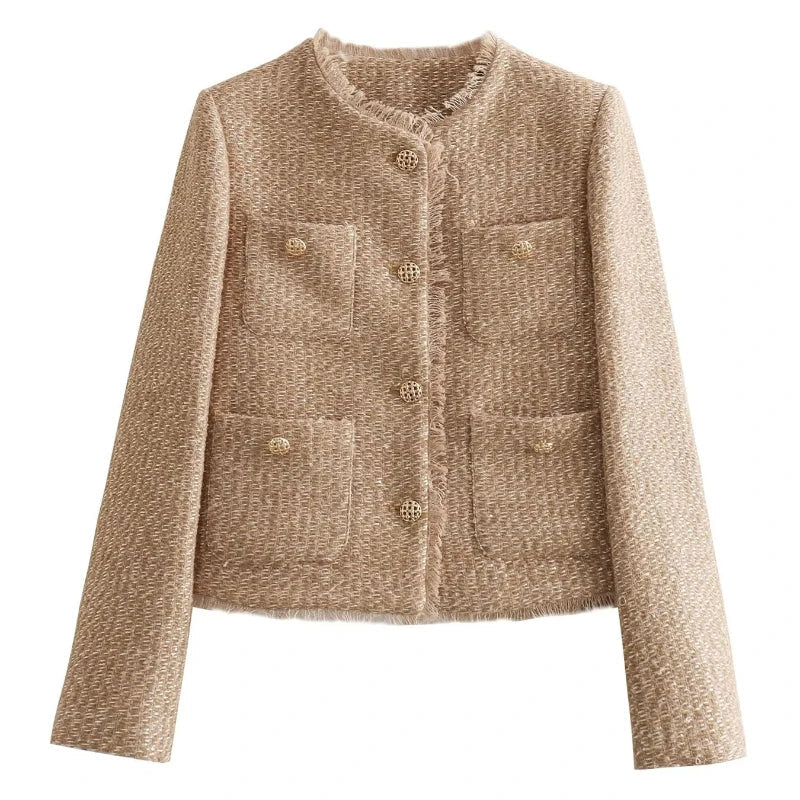 Women's Tweed Cropped Jacket Long Sleeve Beige