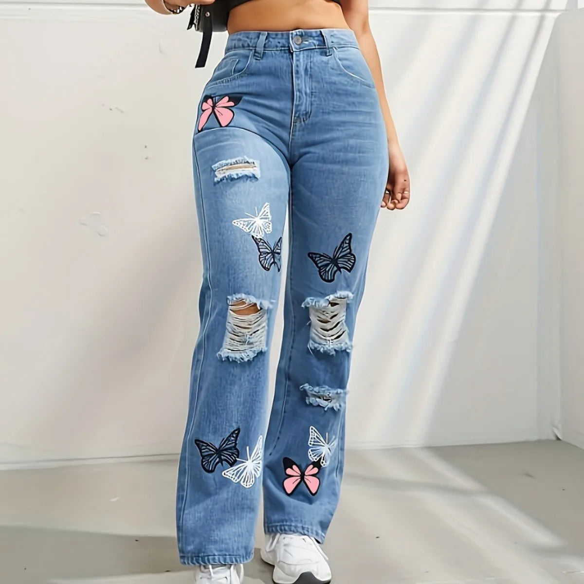 Women's Distressed Denim Jeans High Waist Straight Leg Blue