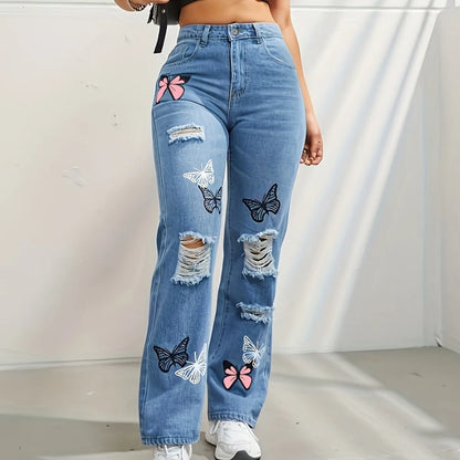 Women's Distressed Denim Jeans High Waist Straight Leg Blue