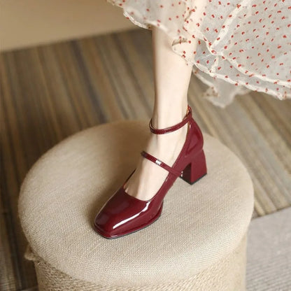 Women's Block Heel Pumps Ankle Strap Square Toe Mary Jane - VibreMode