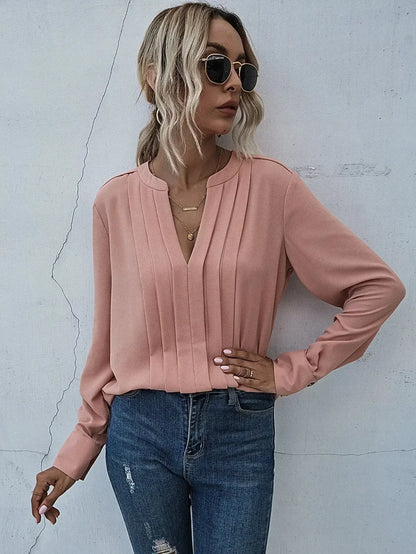 Women's V-Neck Long Sleeve Pleated Blouse - VibreMode