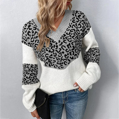 Chic V-neck Leopard Pullover Sweater - VibreMode