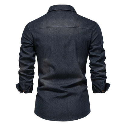 Men's Long Sleeve Button Shirt Cotton Contrast Dual Pocket