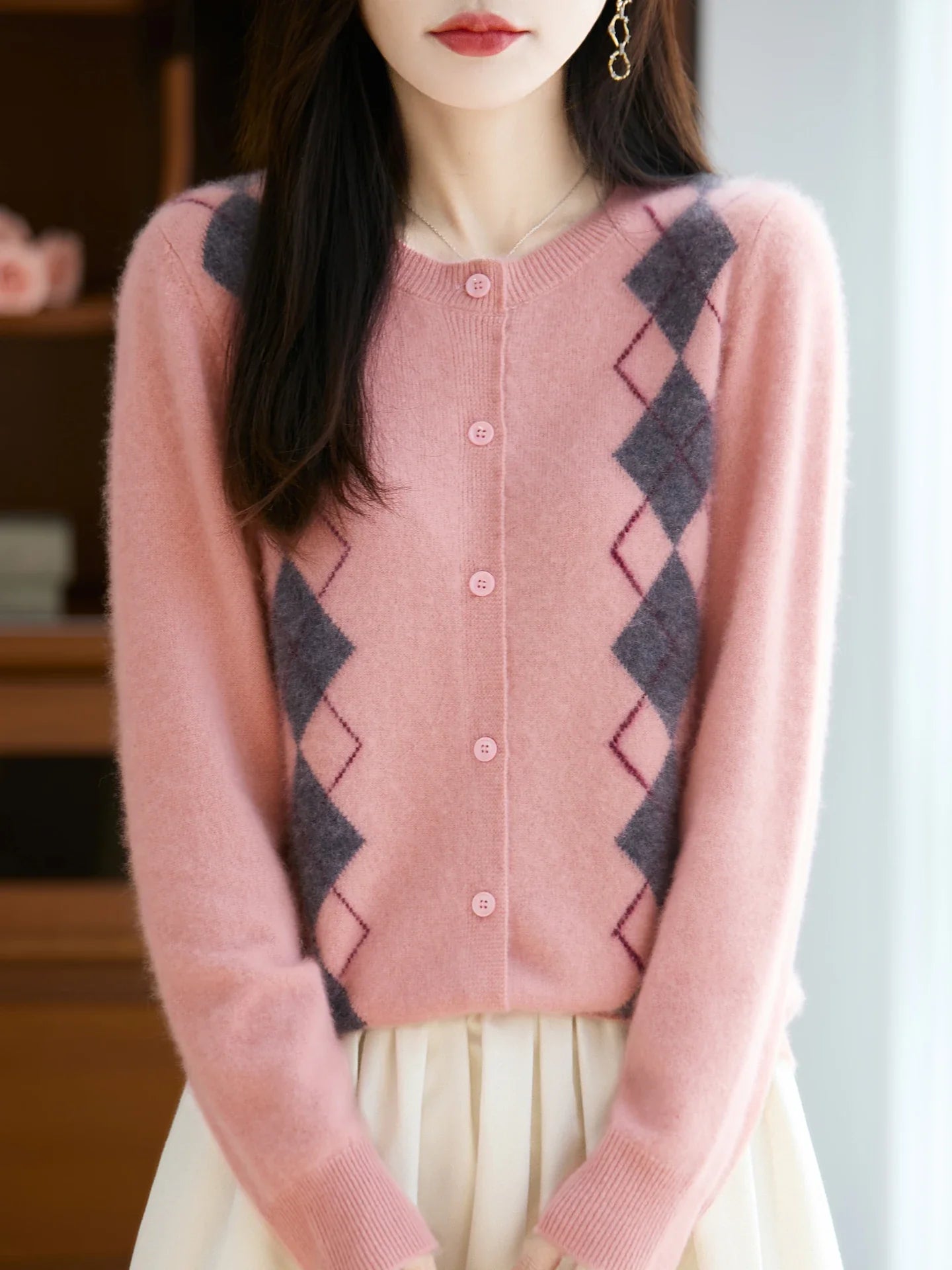 Merino Wool Blend Argyle Cardigan