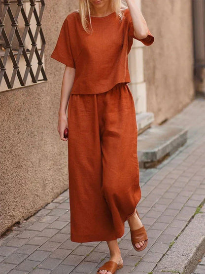 Women's Summer Two Piece Crew Neck T-Shirt And Pants - VibreMode