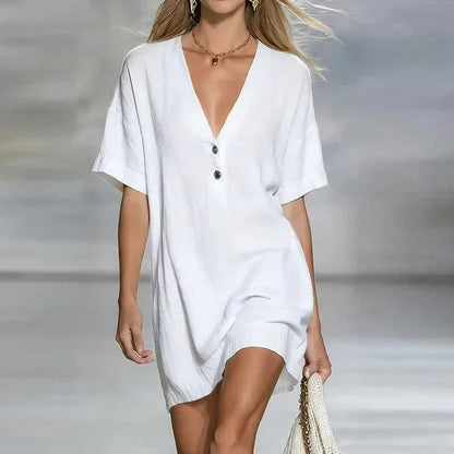 Women's V Neck Linen Shirt Dress