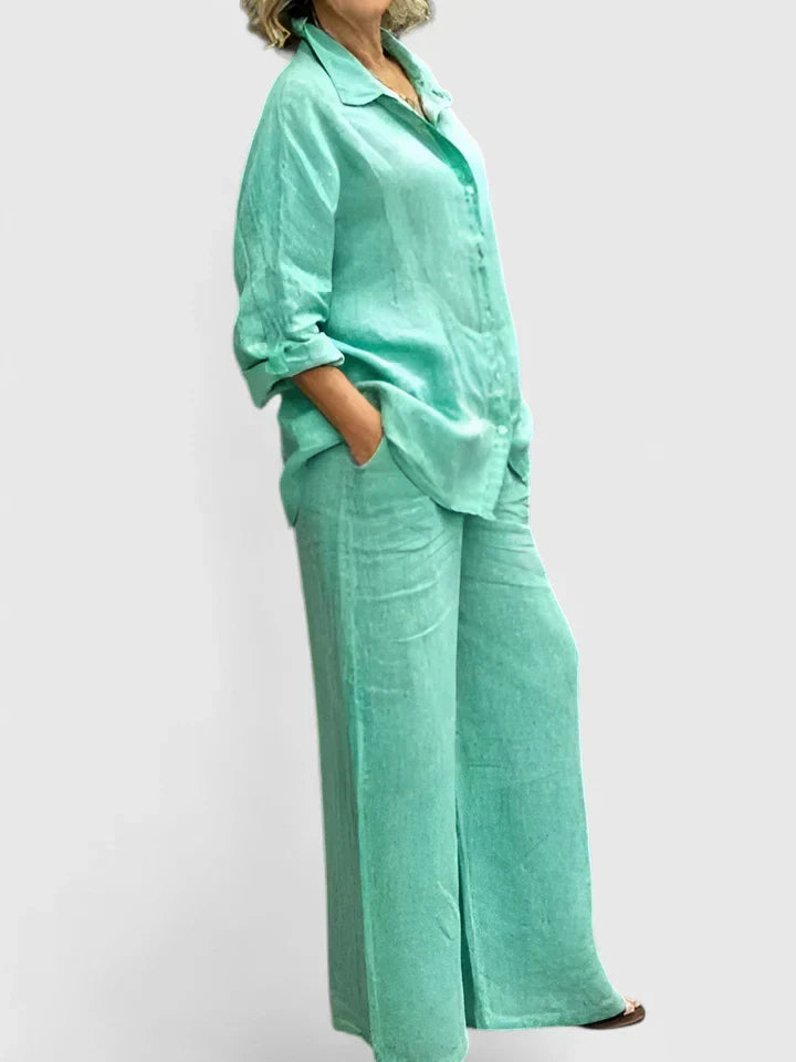 Women's Two-Piece Button-Down Shirt Set Wide Leg Pants
