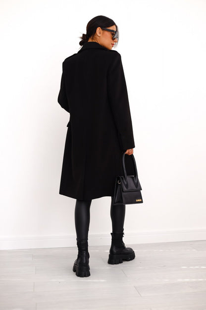 Women's Double-Breasted Long Coat Gold Button Accents