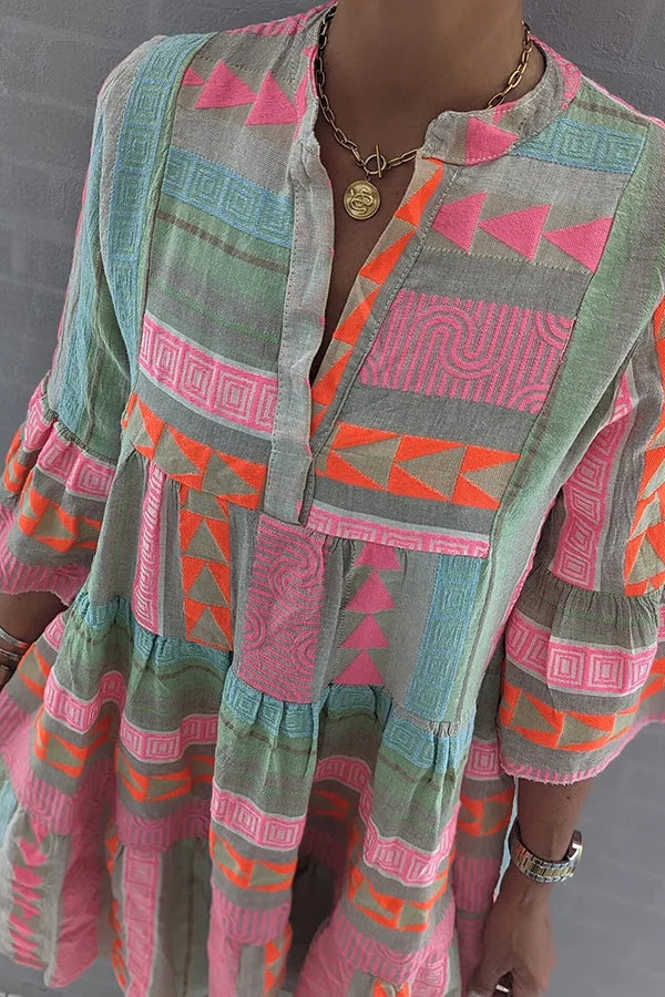 Women's Mini Dress Geometric Print Bell Sleeves