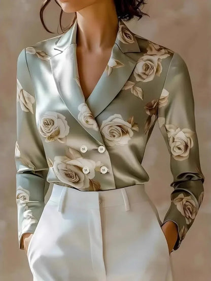 Women's Satin Double-Breasted Blouse Floral Print