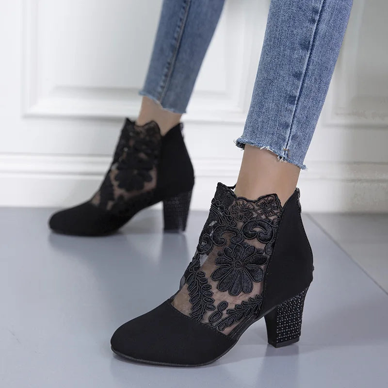 Women's Ankle Boots Block Heel Patterned Panel Design