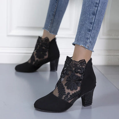 Women's Ankle Boots Block Heel Patterned Panel Design