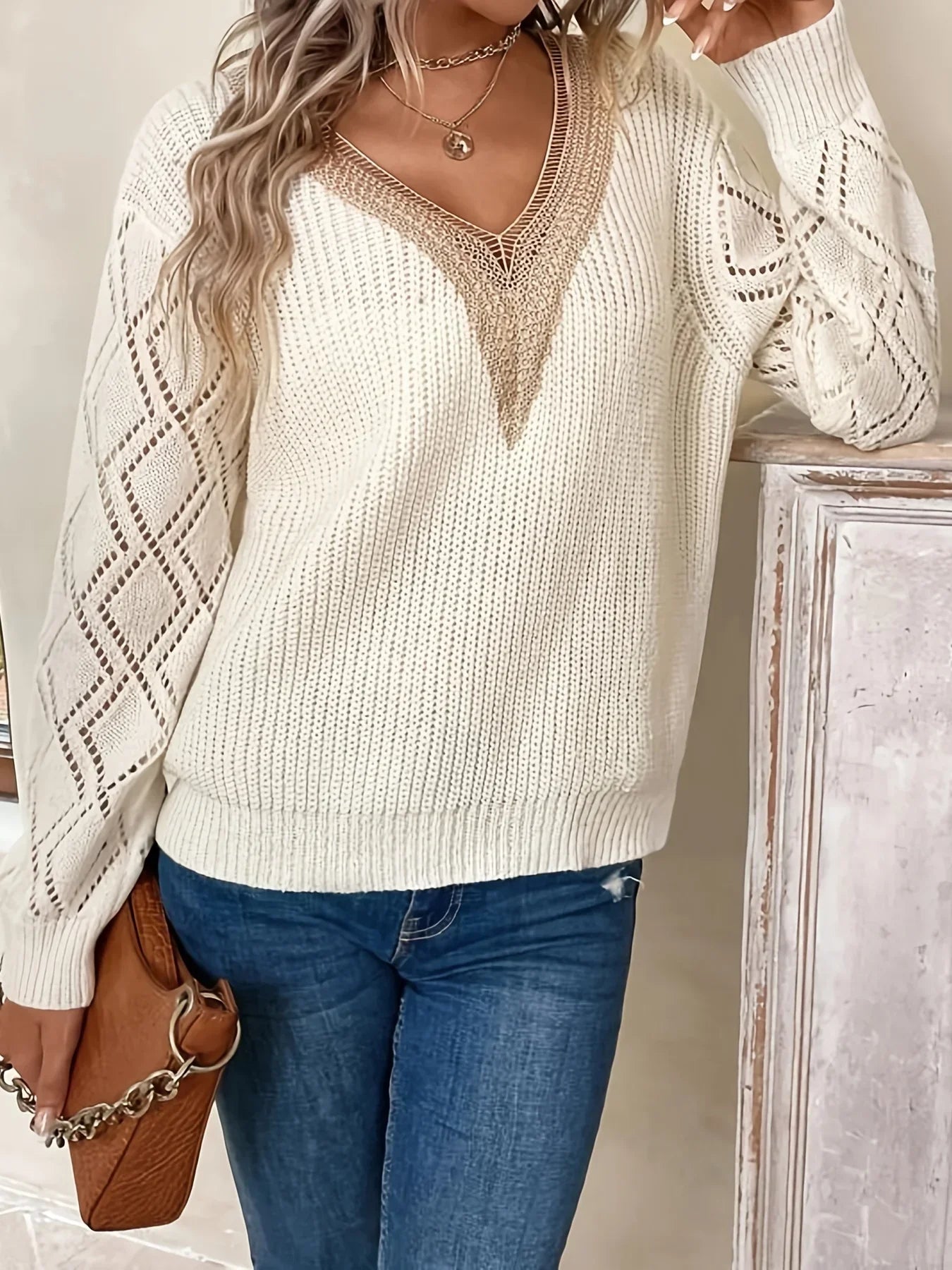 Women's V Neck Sweater Solid Paisley Pattern