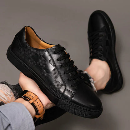 Men's Lace-Up Sneakers Low- Leather Comfortable Black