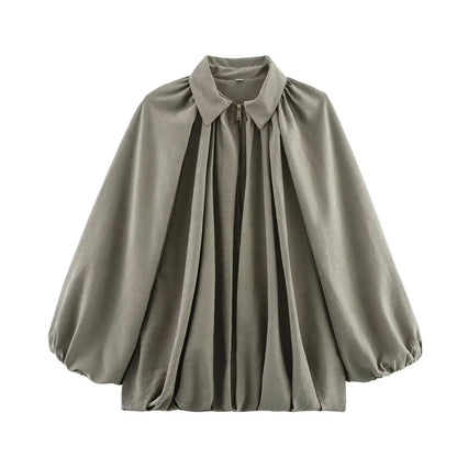Women's Bomber Jacket Loose Fit Puffy Sleeves Zip Front Black