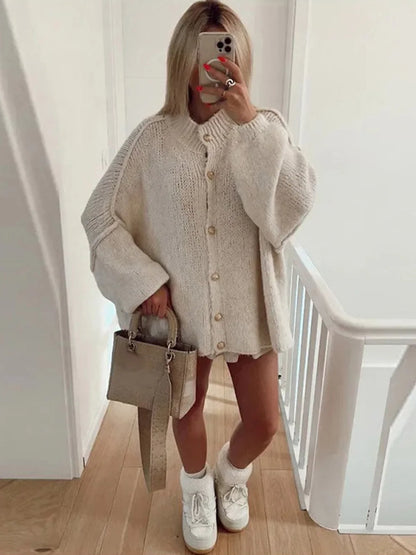 Women's Bat Sleeve Cardigan Wool Lapel Metal Buttons Beige - VibreMode