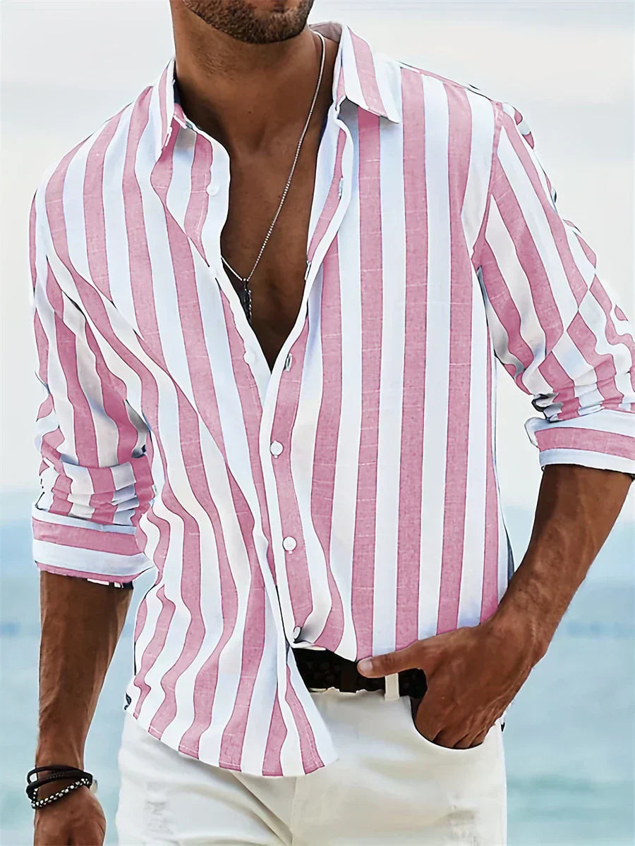 Men's Long Sleeve Vertical Striped Shirt Button Front
