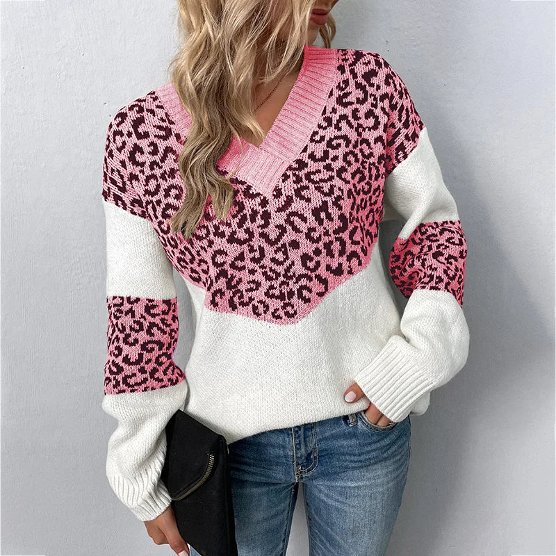 Chic V-neck Leopard Pullover Sweater