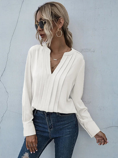 Women's V-Neck Long Sleeve Pleated Blouse
