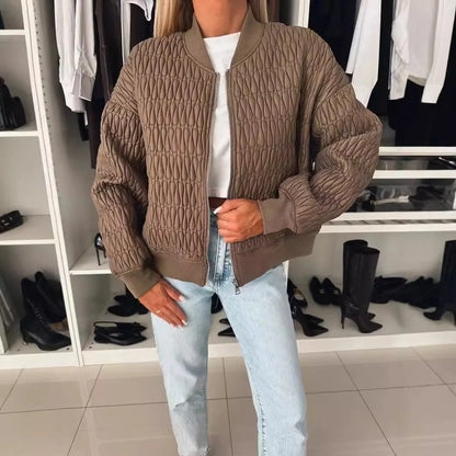 Women's Quilted Bomber Jacket Zip Front Ribbed Trim