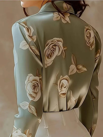 Women's Satin Double-Breasted Blouse Floral Print