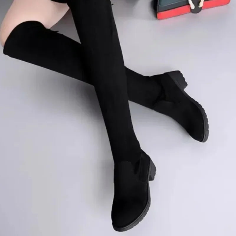 Women's Black Over-Knee Lace Boots Chunky Heel