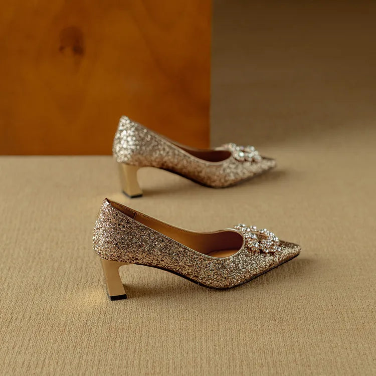 Sparkly High Heel Pumps with Crystal Strap Detail