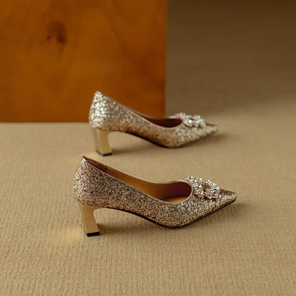 Sparkly High Heel Pumps with Crystal Strap Detail