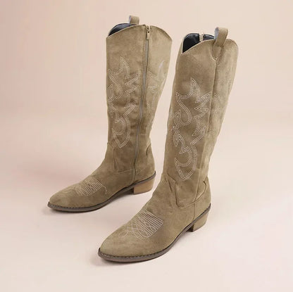 Women's Knee High Cowboy Boots Embroidered Design Chunky Heel