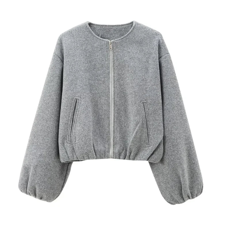 Women's Cropped Bomber Jacket Long Sleeve Zip Front Black