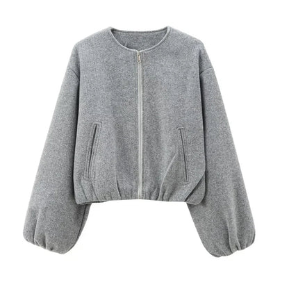 Women's Cropped Bomber Jacket Long Sleeve Zip Front Black