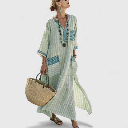Relaxed Fit Women's Striped Linen V Neck Maxi Dress - VibreMode