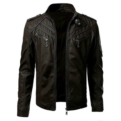 Men's Leather Jacket Slim Fit Zip Pockets Black
