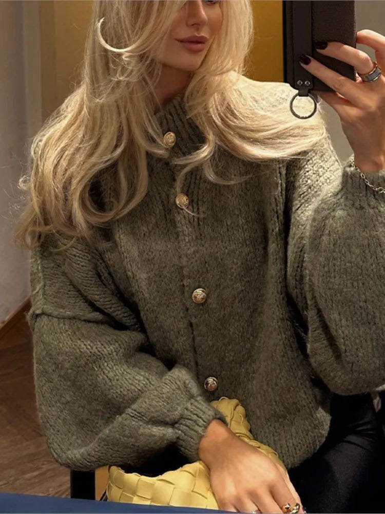 Women's Button Cardigan Sweater Ribbed Knit Cuffed Sleeves