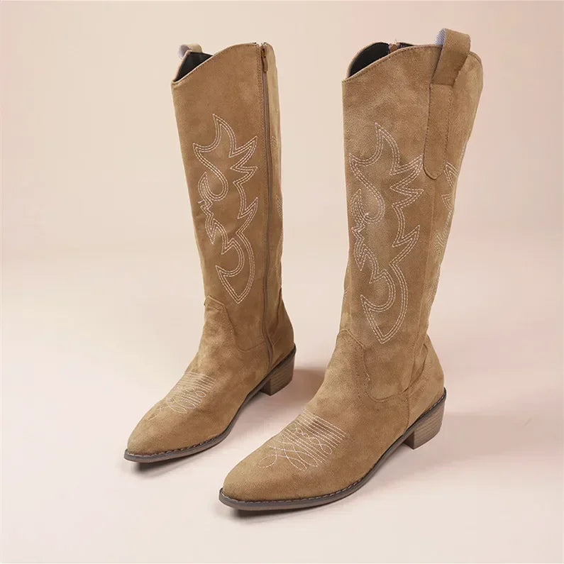 Women's Knee High Cowboy Boots Embroidered Design Chunky Heel