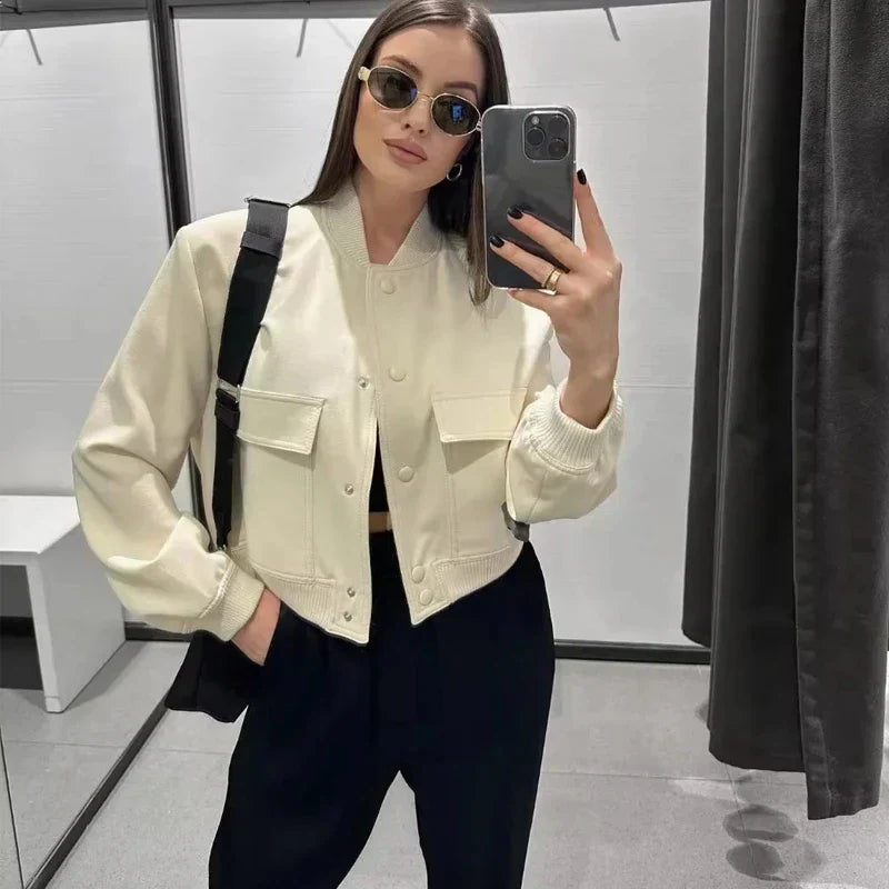 Women's Cropped Bomber Jacket Baseball Collar Snap Buttons - VibreMode