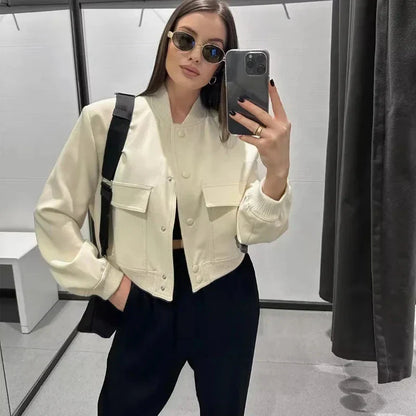Women's Cropped Bomber Jacket Baseball Collar Snap Buttons - VibreMode