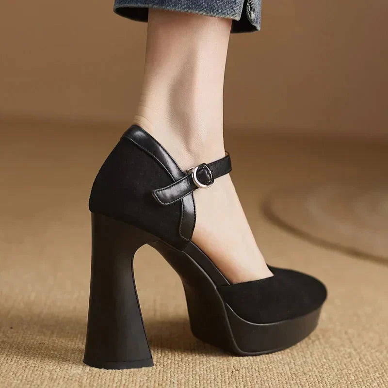 Ladies High Heel Ankle Strap Block Pumps Shoes